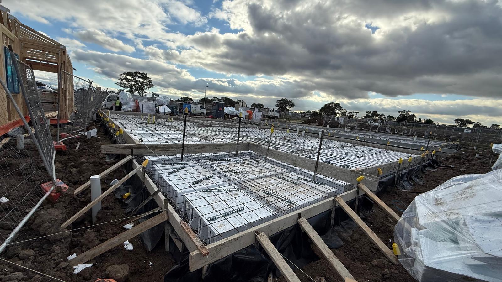 House slab formwork with polystyrene pods and steel reinforcing mesh ready to pour